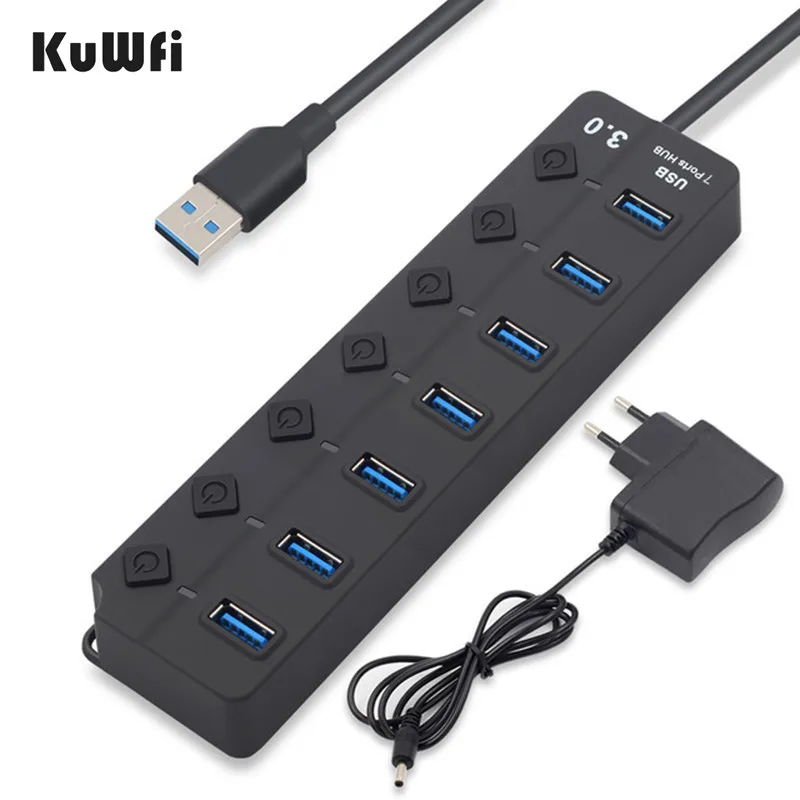 7port with EU KuWFi usb-хаб высокоскоростной 4/7 порт USB 3,0 концентратор разветвитель с ЕС/США адаптер питания для MacBook портативных ПК - Цвет: 7port with EU