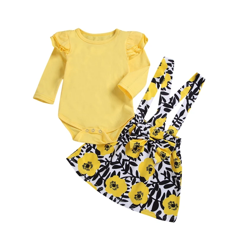 

Children Newborn Baby Girl Clothing Suit Solid Tops Romper+Sling Floral Skirt 2PCS Set Infant Toddler Clothes