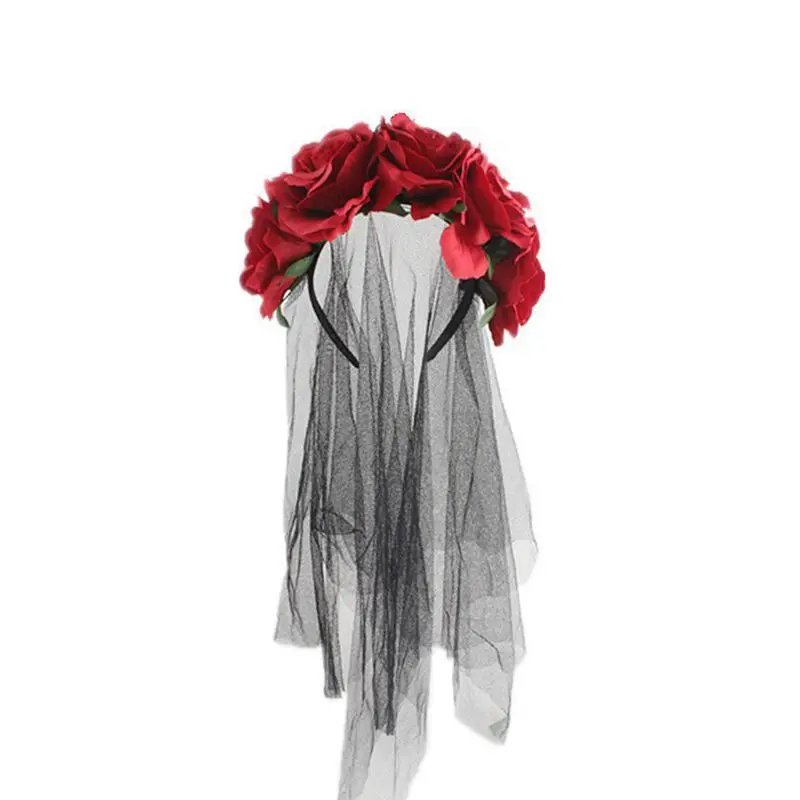 Womens Halloween Wreath Headband Handmade Fabric Rose Flower with Black Mesh Veil Tulle Crown Festival Day of The Dead Hair Hoop