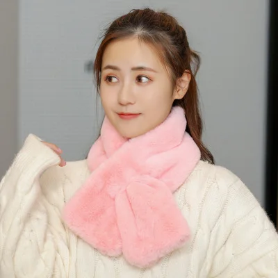 HANGYUNXUANHAO, 5 цветов, воротник из искусственного меха, зимний шарф с кроличьим мехом, шарфы из искусственного меха, Женский вязаный зимний длинный шарф - Цвет: Pink