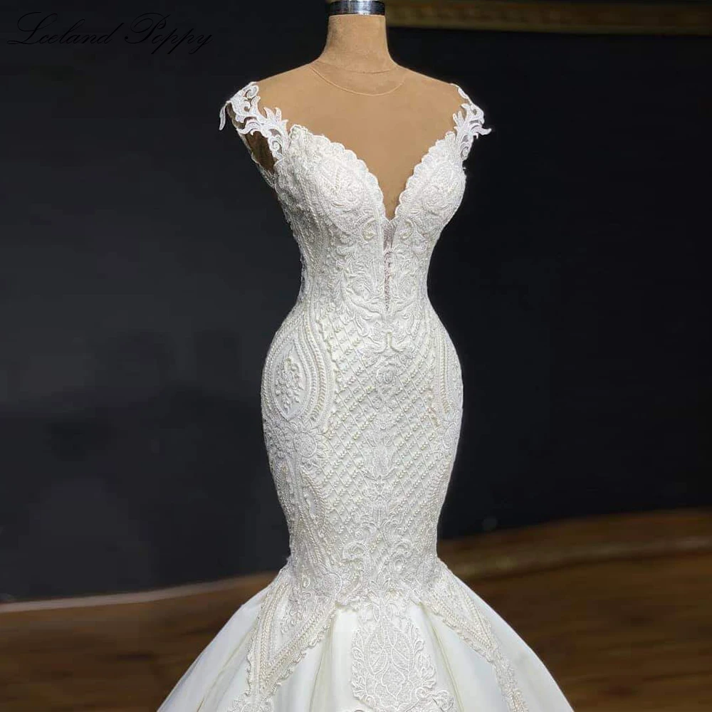 Lceland Poppy Luxury Mermaid Wedding Dresses 2022 Lace Appliques Sleeveless Bridal Dress Court Train Beaded Vestido de Noiva lace wedding dress