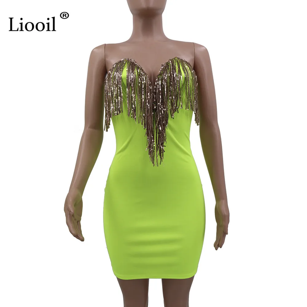 Liooil сексуальное облегающее мини-платье с открытыми плечами, блестками и кисточками, v-образный вырез, высокая талия, черные облегающие платья, женские вечерние Клубные платья