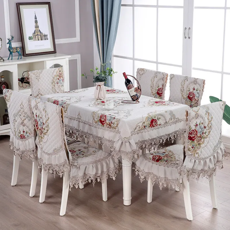 

Antique Chenille Tablecloth Square Rectangular Round Skirt Set Lace Quilted Cotton Dining Table Cover Chair Cover Beige