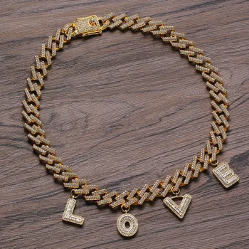 

15MM Cuban Chain Alphabet Pendant Necklaces For Men Crytal Zircon DIY Initial Letter Necklace Hip Hop Jewelry Gifts