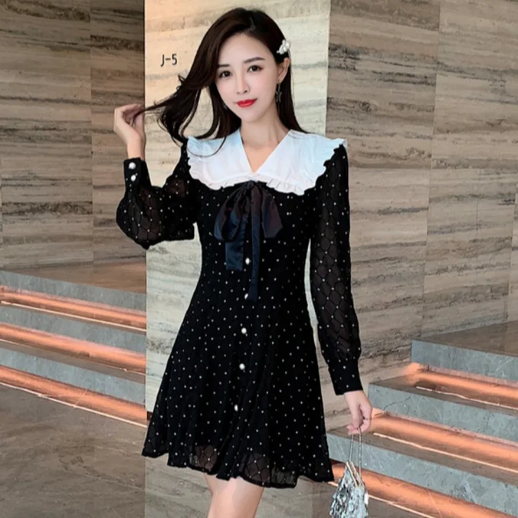 

2020 Spring New Style Retro First Love Skirt Immortal Bow Polka Dot Frilled Peter Pan Collar Long-sleeved Dress Women's