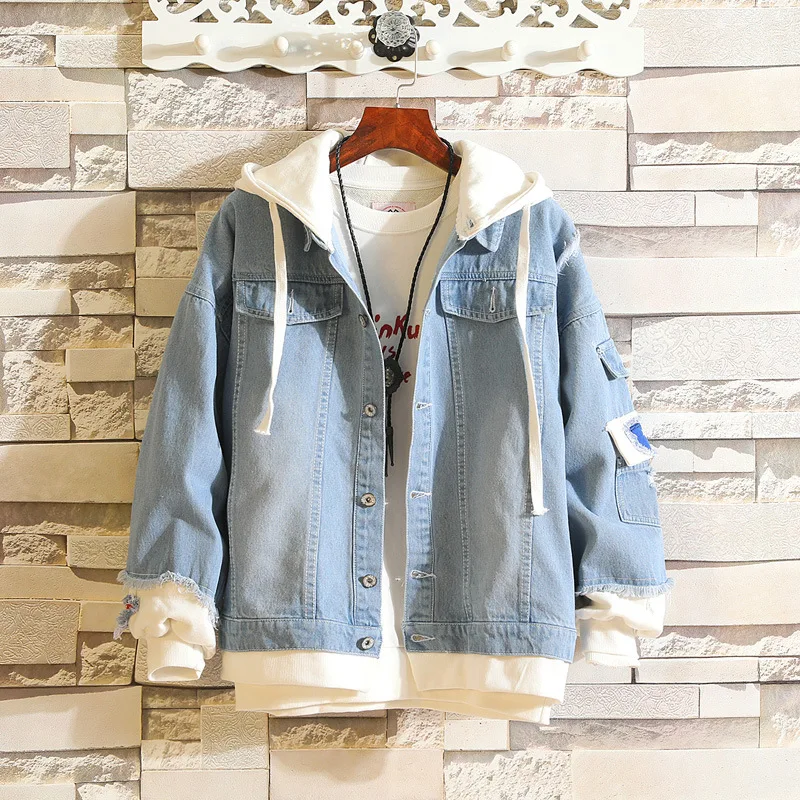 

2018 Spring New Style Hong Kong Style Elegant Trend Mock Two-Piece Hooded MEN'S Denim Jacket Coat Men's Couple Clothes
