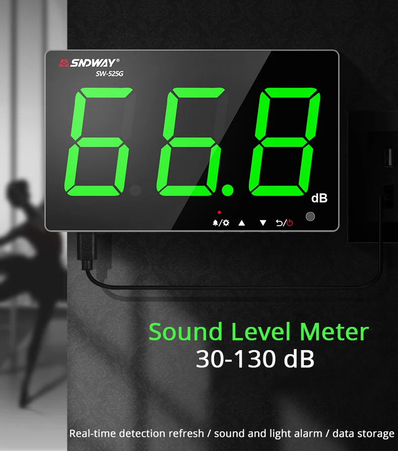 SNDWAY 30-130dB Wall-mounted Digital Sound Table Sound Level Meter for Audio dB Level Decibel Meter Noise Analog VU Green Light