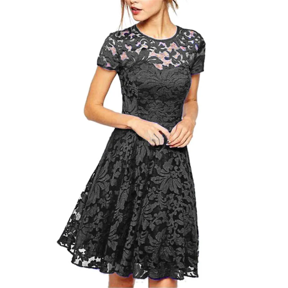 F# Elegant Temperament Lace Hollow Out Woman Dress Office Lady Round Neck Short Sleeve Summer Dress Chiffon Big Swing Min Dress