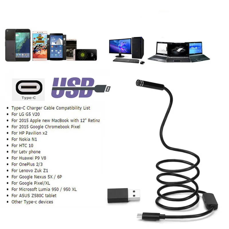 Usb type-C эндоскопические камеры 8 светодиодов бороскоп Android 5 м Инспекционная камера Тип C 2MP 8 мм змея водонепроницаемый