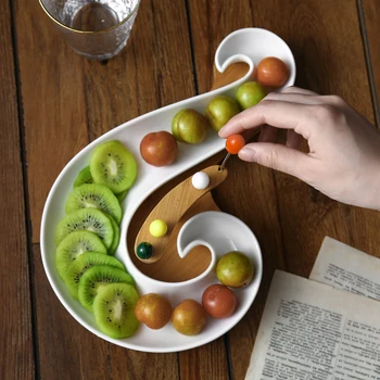 

Nordic Ceramic Fruit Sushi Plate with Fruit Fork Simple Living Room Office with Bamboo Wood Snack Dessert Candy Plate Irregular