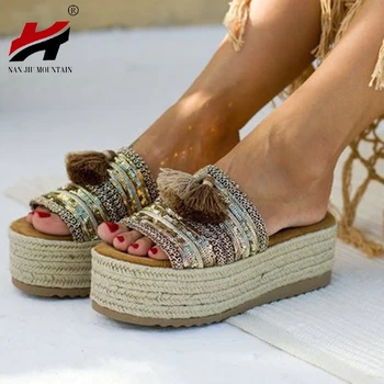 

NAN JIU MOUNTAIN Summer Women Sandals Straw Retro Flat Heel Thick Open Hollow Open Toe Outside Wear Cool Slippers Large Size 34-