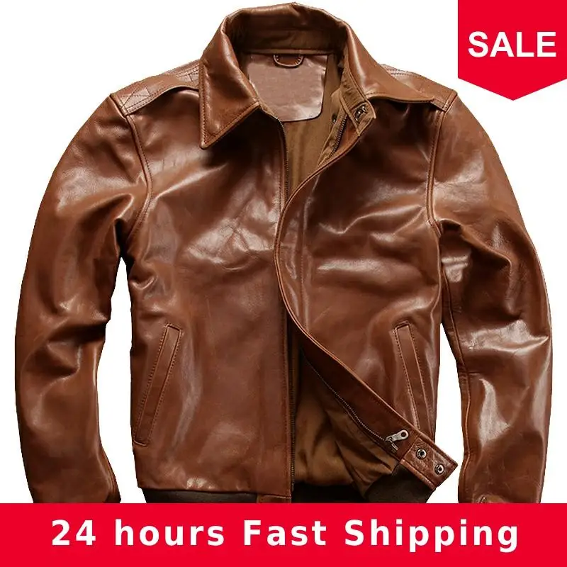 

2020 Brown Men USAF A2 Pilot Leather Jacket Plus Size XXXXL Genuine Cowhide Slim Fit Autumn Military Aviator Leather Coat