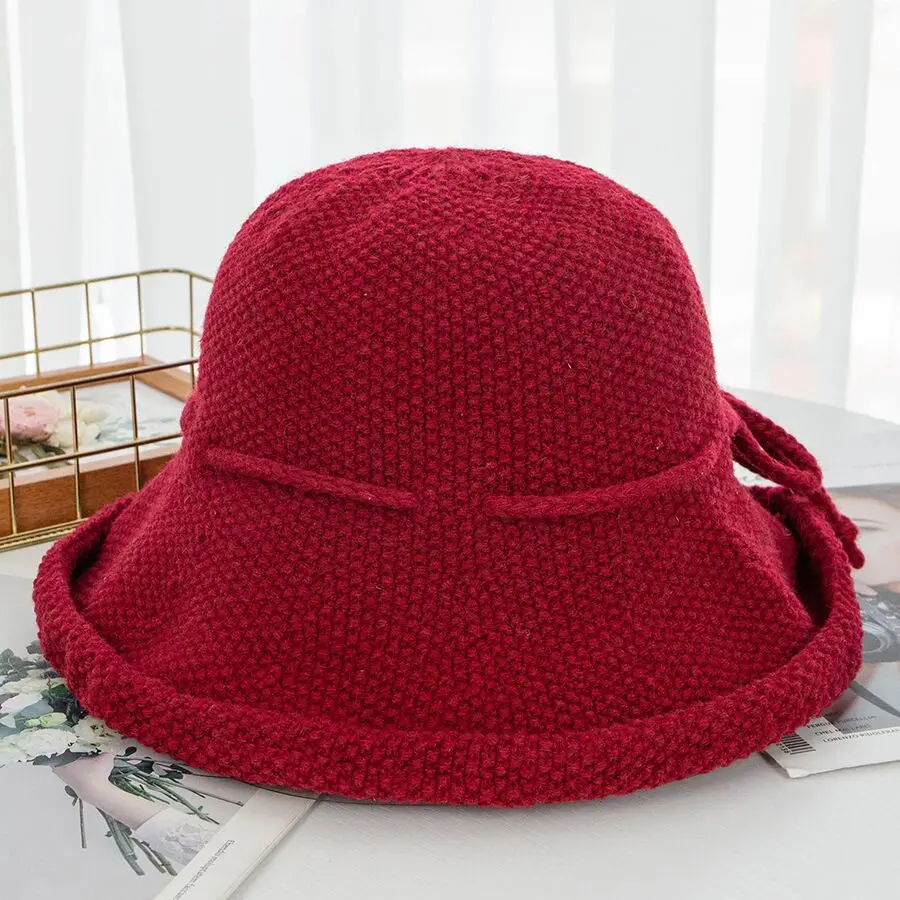 Осенне-зимняя женская шапка, модная шерстяная вязаная шапка с бантом, однотонная теплая женская панама с широкими полями, Панама, шапка для рыбака - Цвет: wine red