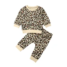 1-6Y Toddler Kids Baby Boy Girl Fall Autumn Clothes Long Sleeve Pullover Tops Long Pant 2PCS Outfits Leopard Clothing Set