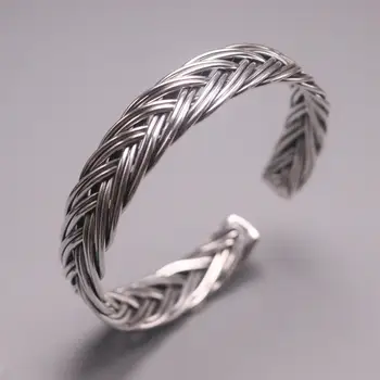 

Real 925 Silver Bangle For Women Lucky Girlfriend Best Gift Letter Lucky Big Weave Rope-shaped Open Bangle 58-62mmDia