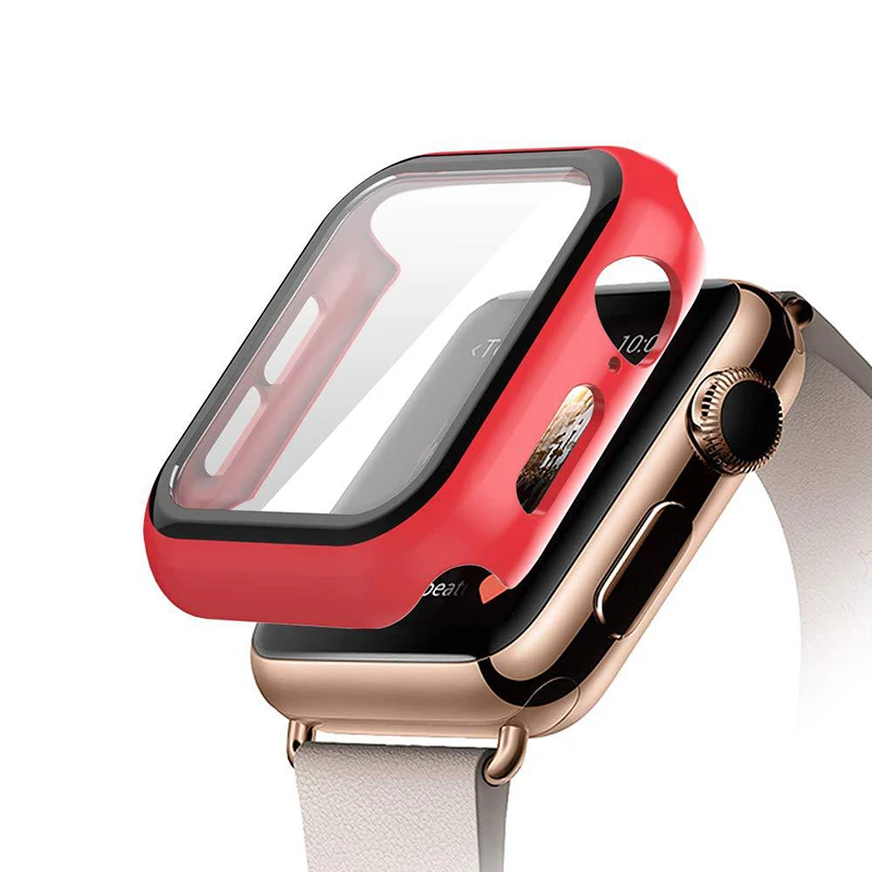 Чехол+ закаленное стекло для Apple Watch 40 мм, 44 мм, серия 5, 4, защитная пленка для экрана, чехол-бампер для i watch Series 3, 2, 38 мм, 42 мм - Цвет: Red