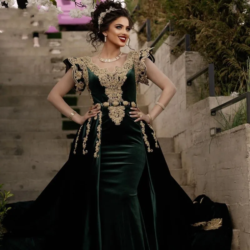 

Traditional Kosovo Albanian Caftan Dark Green Prom Dresses with Detachable Train lace Applique Beaded Evening Dress Short Sleeve