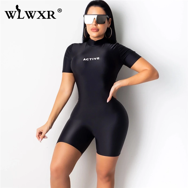 WLWXR черный облегающий короткий комбинезон для Женский Игровой костюм с буквенным принтом фитнес-байкер летний сексуальный комбинезон женский комбинезон