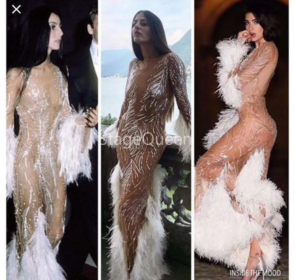 

See Through AB Stones Pearls Dress White Feather Prom Outfit Bar Women Birthday Celebrate Dress Dancer Long Dresses DS DJ Dress