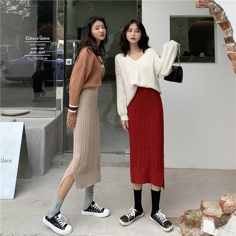Colorfaith Новинка 2019 осенне зимние женские теплые трикотажные юбки сплит тонкие