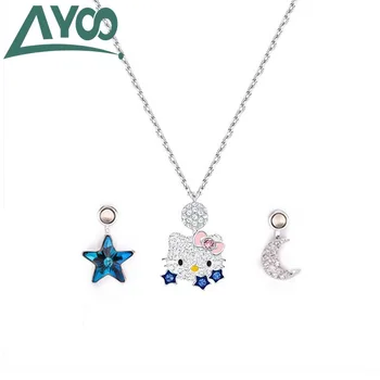 

AYOO New High Quality SWA Classic Fashion Seiko Cute Doll Cat Pendant Magnetic Buckle Blue Star Moon Necklace