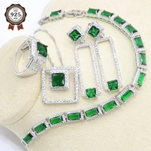 Геометрический зеленый циркониевый 925 пробы серебра набор украшений для женщин Свадебные браслет, серьги, ожерелье кулон подарочные коробки для колец