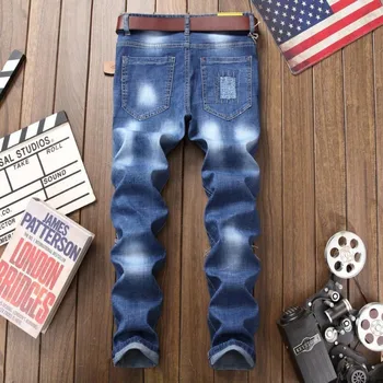 

High Street Hole Ripped Beggar Jeans Men Slim Fit Harajuku Patchwork Long Trousers Summer Straight Strechy Spliced Denim Pants