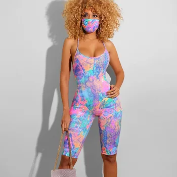 

Tie Dyeing Print Backless Jumpsuit Rompers Trousers Clubwear 2020 New Sexy Women Sleeveless Strap Rompers Playsuit Summer Shorts