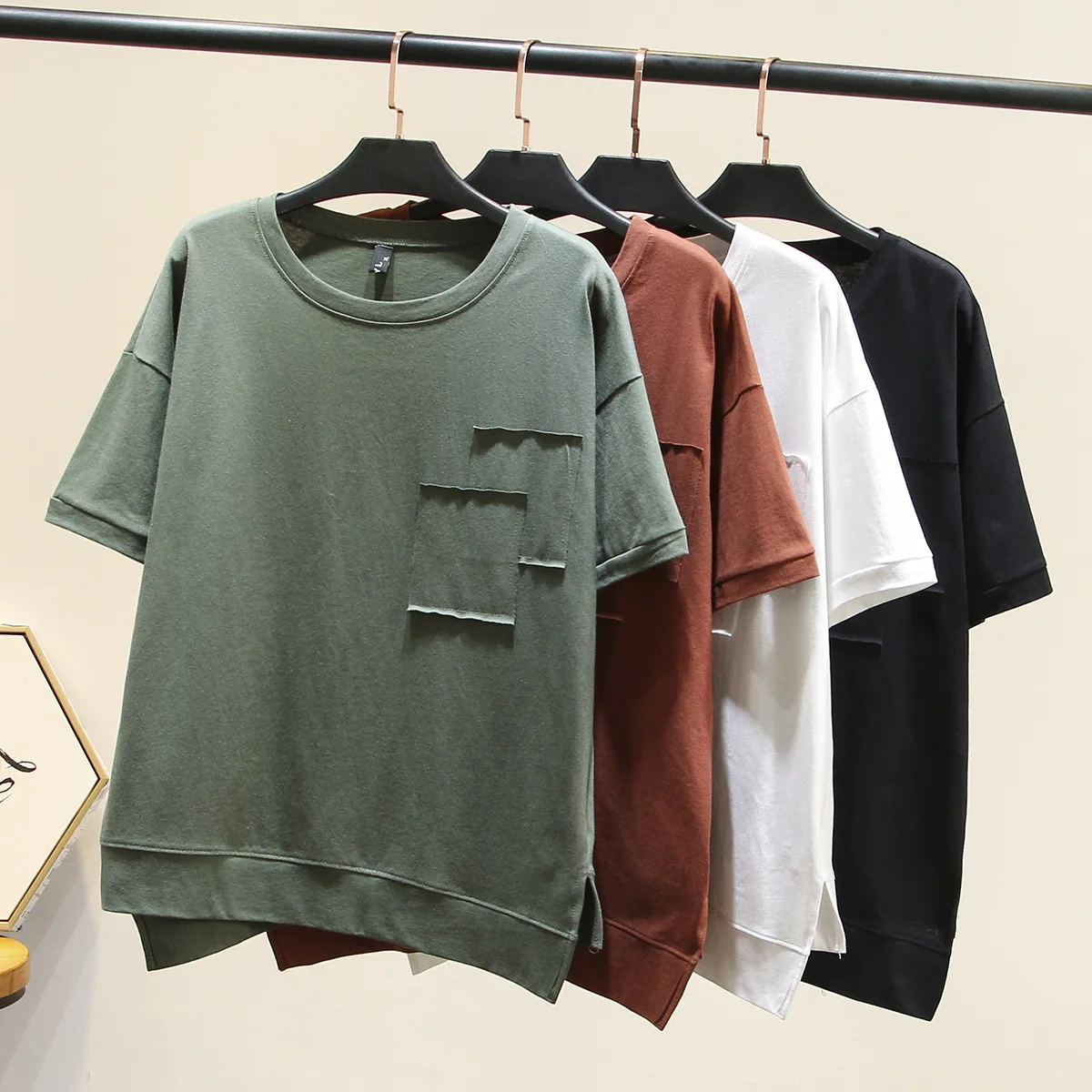 Women Summer T-shirt Lady Tees Female Solid Color Short Sleeve Tops Patch Asymmetry Hem Fashion Plus Size G2-A30 | Женская одежда
