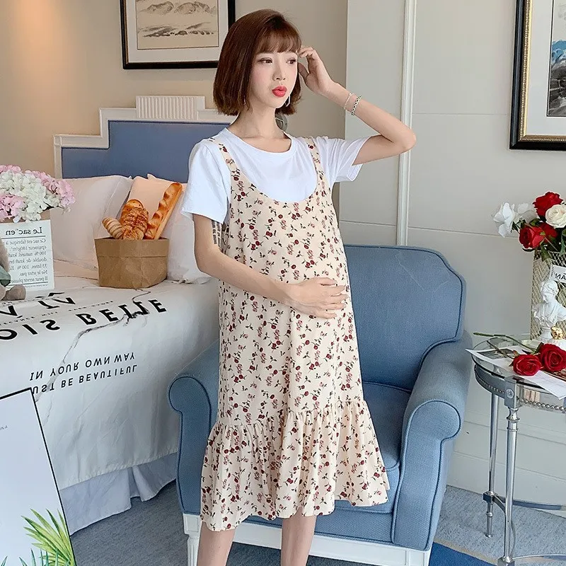 

Set 2019 New Style Summer Two-Piece Set Fashion Models Short Sleeve Camisole Skirt Mid-length Pregnant Women Dress