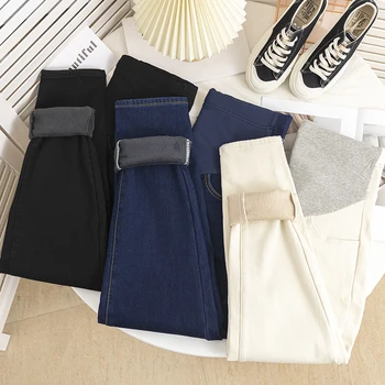 두꺼운 따뜻한 플러스 벨벳 데님 임산부 청바지, 보온 플리스 배꼽 바지, 임산부용 옷, 시크한 S, 092 # 겨울