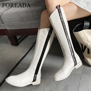 

FOREADA Real Leather Knee High Boots Women Flat Western Boots Round Toe Long Boots Zip Ladies Shoes Autumn Winter Beige Blue 42