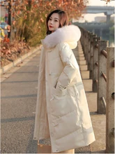

90 White Duck Down Fox Fur Collar Hooded Down Jacket Female 2022 Winter New Korean Version Medium Length Loose