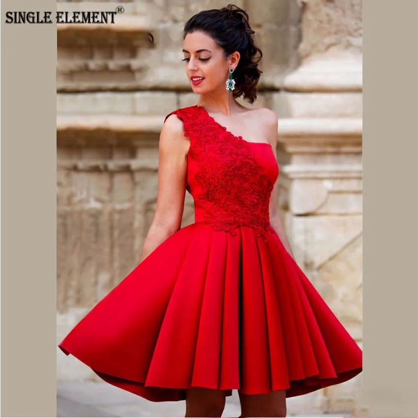 

SINGLE ELEMENT One Shoulder Red Lace Appliques Short Prom Dress