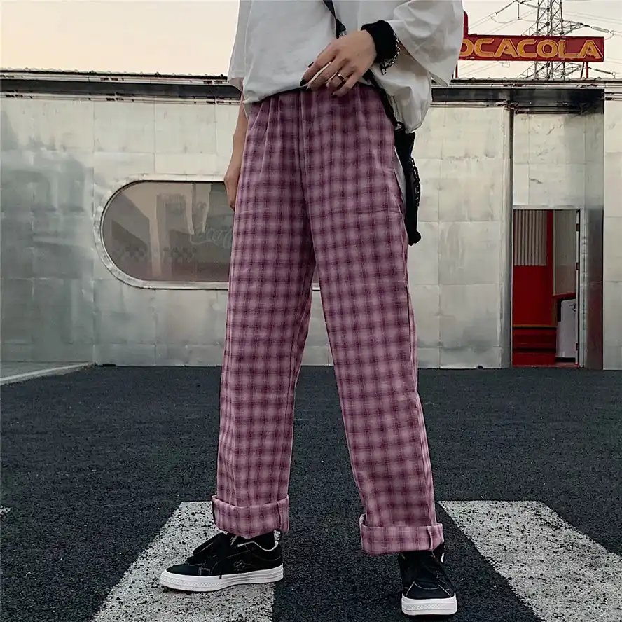 Rosa Caqui Tie Dye Vintage Plaid Elastico Cintura Bolsillo Suelto