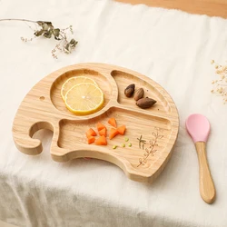 Baby Bamboo Feeding Bowl Cartoon Elephant Food Plates Kids Food Tableware With Silicone Suction Cup