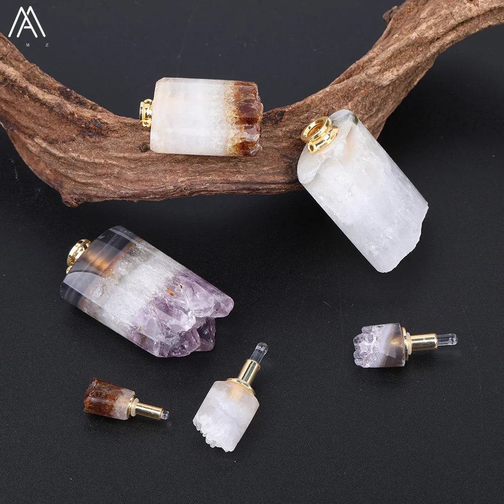 Fashion Women Small Natural Citrines Quartz Irregular Amethysts Quartz Perfume Bottles Gold Copper Chain Necklace EF-DG-72AMFE