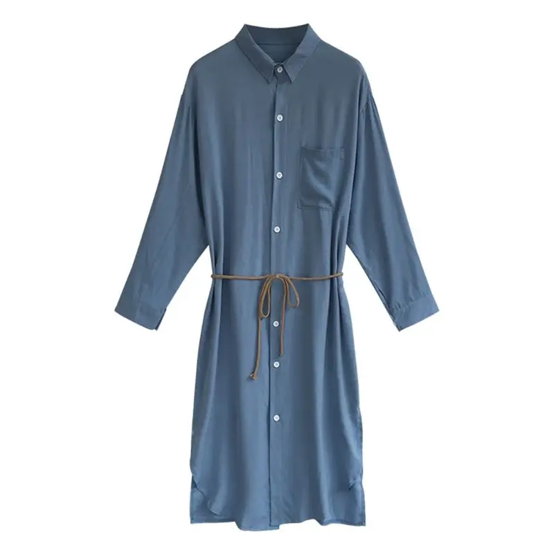

Womens Long Sleeve Blouse Dress Lapel Collar Button Down V-Neck Cardigan Midi Knee Length Asymmetric Tunic Tops Shirts M-4XL