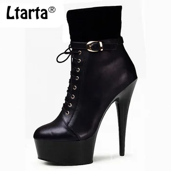 

LTARTA 15 Cm Super High Heel Heel Metal Lace Short Boots Big Size Club Thick Bottom Waterproof Platform Low Boots LYP-C-118-1