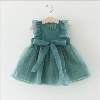 

0-3T Baby Girls Summer Bowknot Design Flare Sleeve Casual Tutu Dress Kids Toddler Mesh Princess Sundress