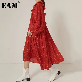 

[EAM] Women Pattern Printed Ruffles Midi Big Size Dress New V-Neck Long Sleeve Loose Fit Fashion Tide Spring Autumn 2020 1S319
