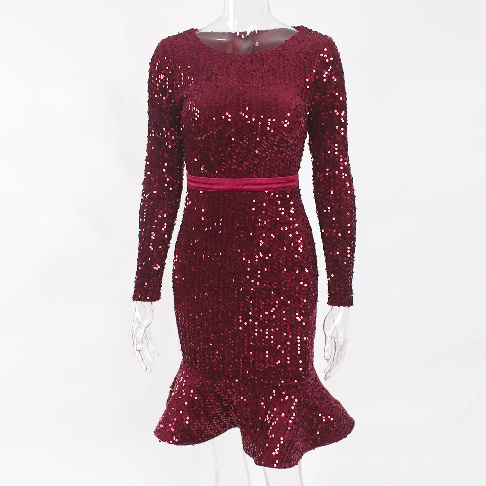 Новое бургундское эластичное вечернее платье с блестками и длинными рукавами длиной до колена, бодикон облегающий пакет бедра Клубное платье