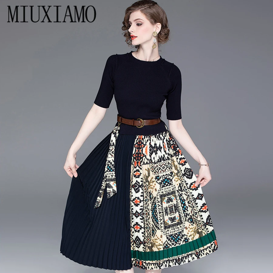 

MIUXIMAO Office Lady 2019 Fall Dress Fashion Half-Sleeve Sweater Top Spliced Pleated Vintage Print Mid-Calf Dress With Sashes