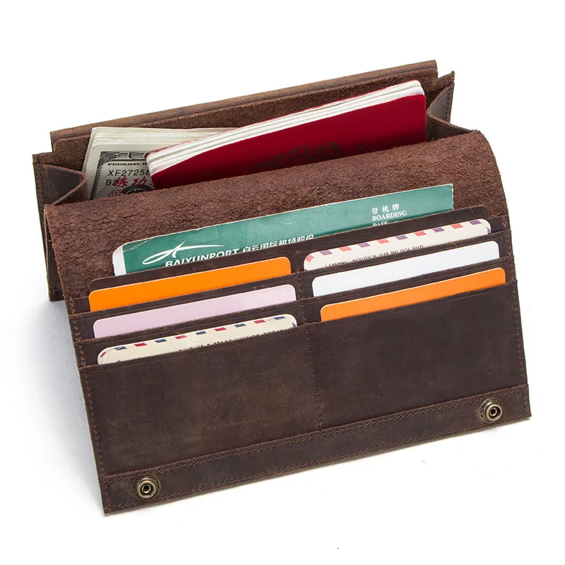 Contact's Crazy Horse Genuine Leather Men's Long Wallets For Cell Phone Vintage Hasp Clutch Wallets Male Card Holders Slim Purse