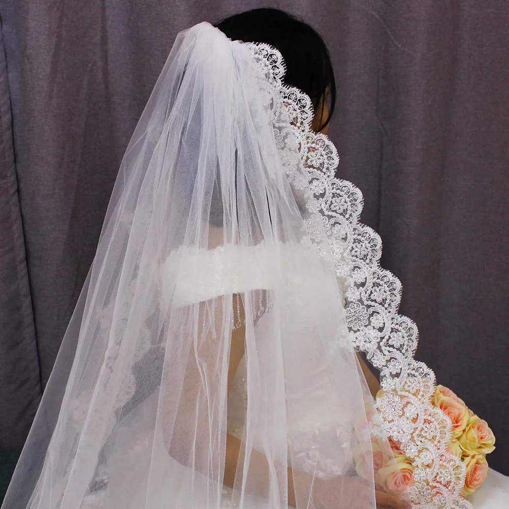 3 Meters Long Wedding Veils 2 Layers Bling Sequins Lace Edge Cathedral Bridal Veil with Comb Velo De Novia
