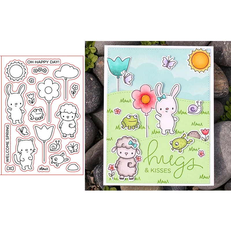 

Happy Bunny Sheep Frog Kitten Beautiful Plant Balloon Bow Spring Word Transparent Clear Stamps For DIY Scrapbooking Cards Crafts