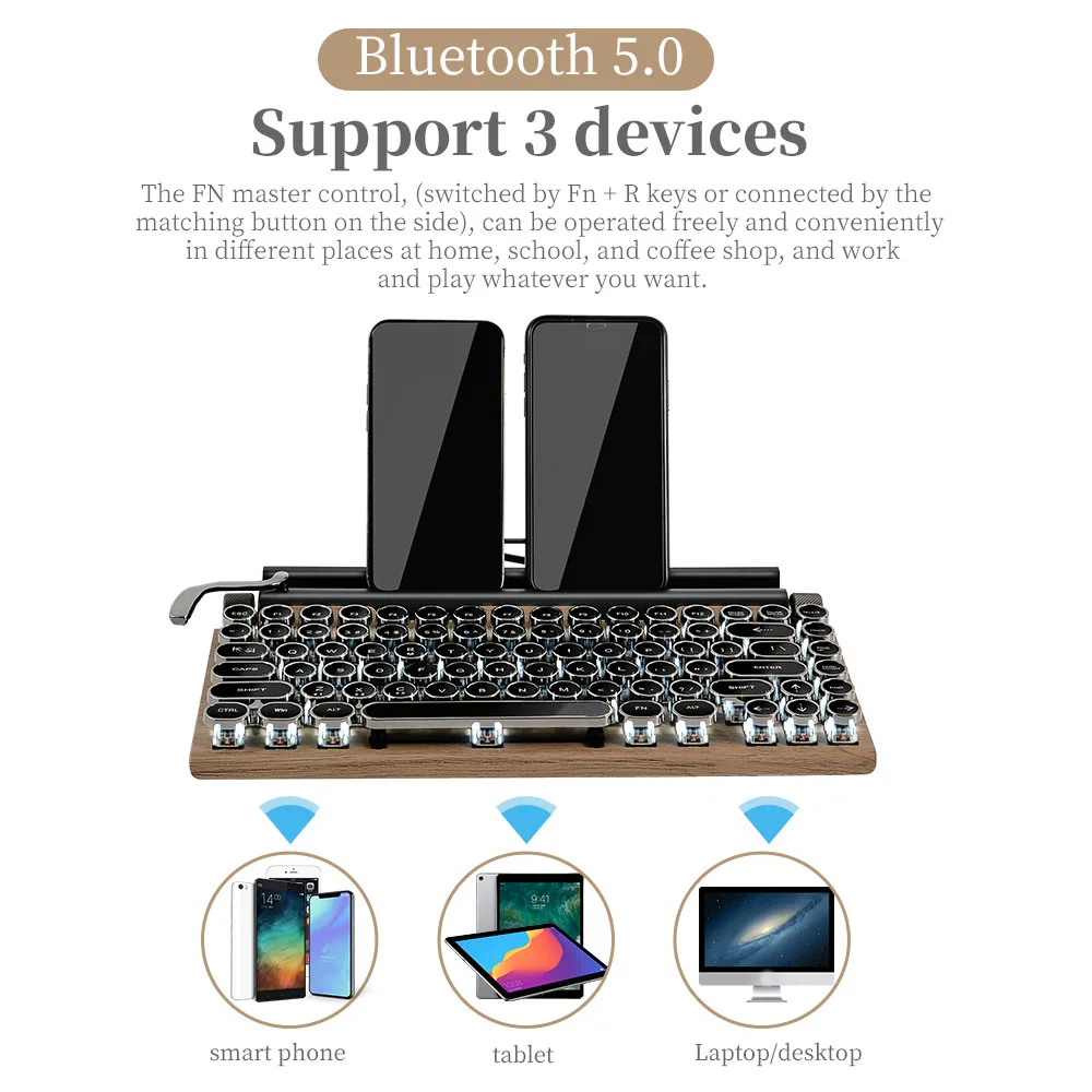 Mechanical Keyboard Wireless Bluetooth Keyboard Retro Typewriter Wood Grain Computer Keyboard 83 Keys Suitable for PC Laptop