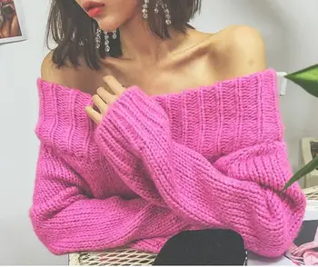 

Women Autumn Casual Slash-Neck Sweater Elastic Full Sleeve Knitted Pullovers Sexy Off-Shoulde Loose Sweater