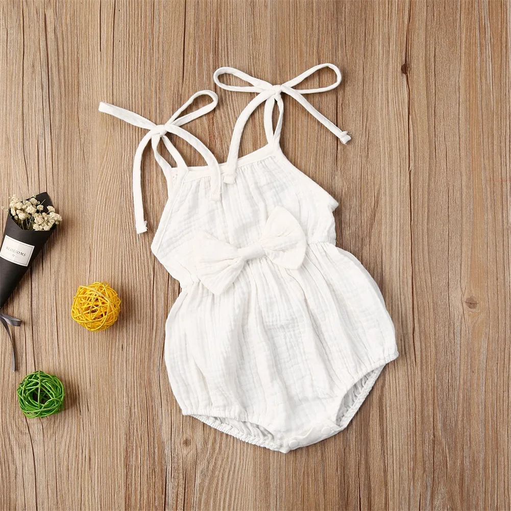 2020 Baby Summer Clothing  Newborn Baby Girl Cute Clothes Srap Romper Cotton Linen Solid Jumpsuit Bowknot Outfits Set Soft carters baby bodysuits	