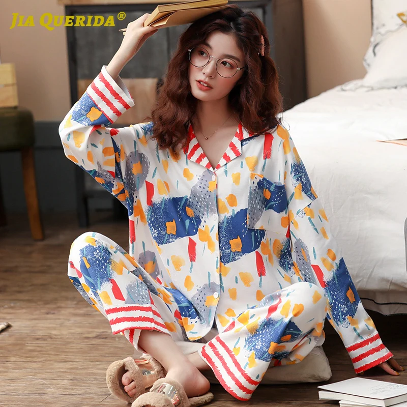 

Korean Style Graffiti Printing Cotton Pajamas Set for Woman 2020 Spring New Long Sleeves Pants Turn-down Collar Womens Clothes